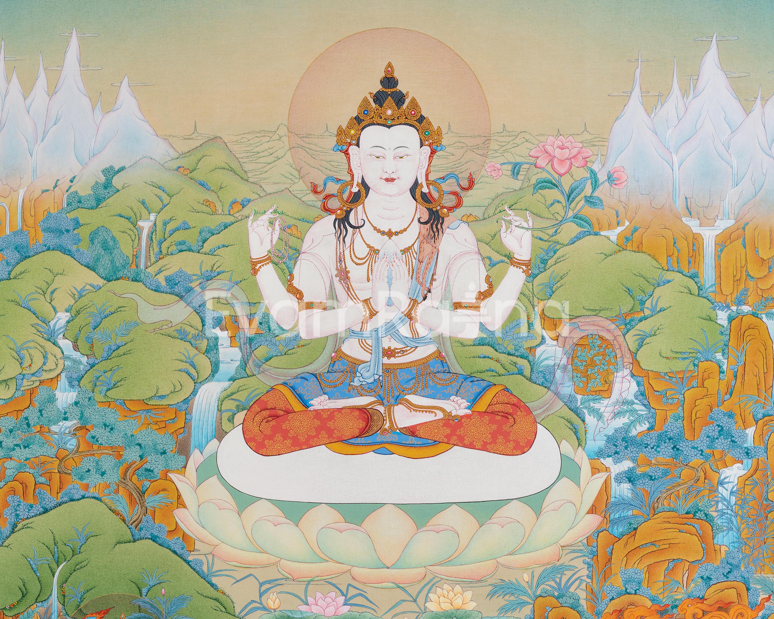 Four-Armed Chenresig Thangka Print for Divine Wisdom | Bodhisattva Of Compassion