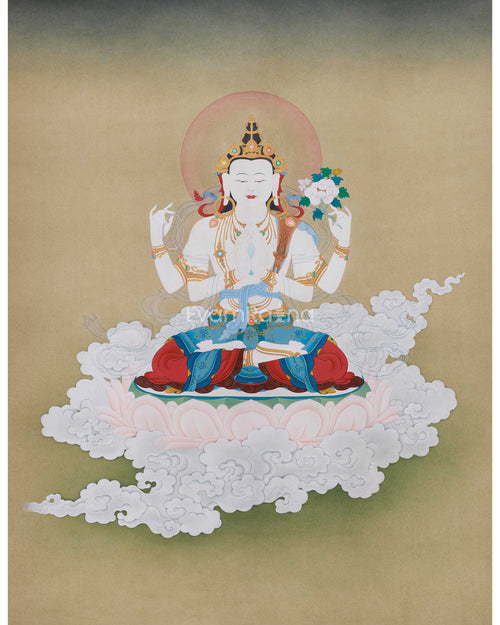 Original Hand-Painted Four-Armed Avalokiteshvara | A Majestic Thangka of Infinite Compassion