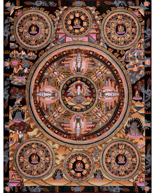 A Chenrezig with four arms. The four-armed embodiment of Chenrezig, also known as Avalokiteshvara, the Bodhisattva of Compassion, is shown in the Mandala Thangka, 