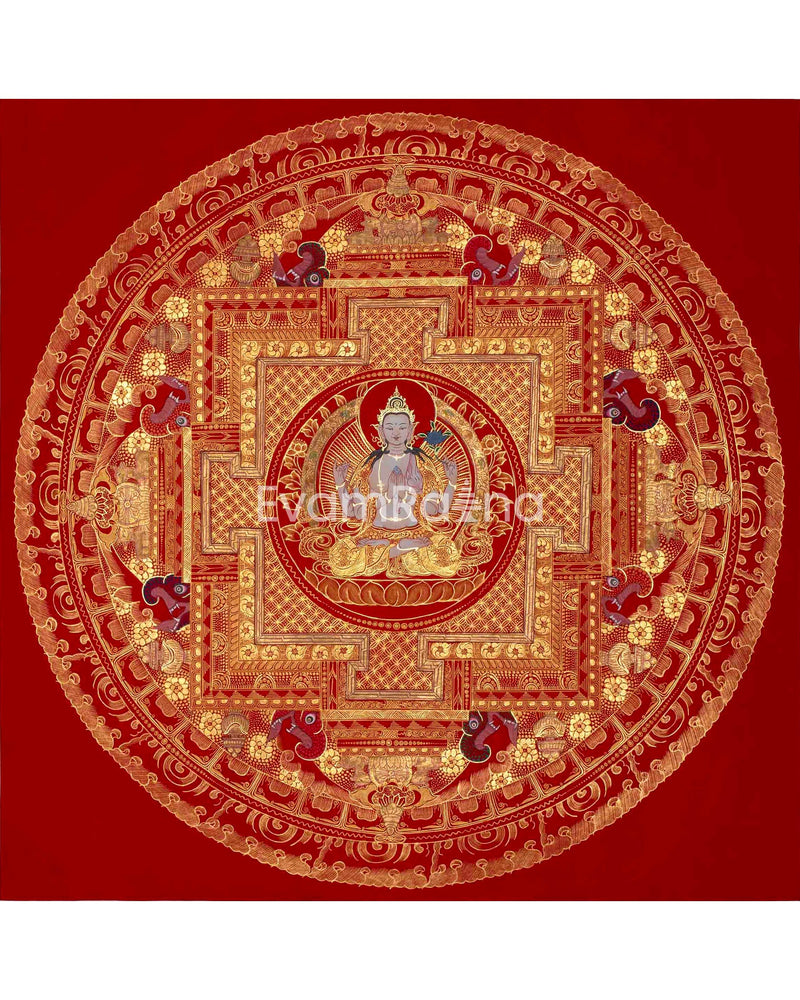 White Tara, Chengrezig and Green Tara Mandala | Traditional Buddhist Art Painting