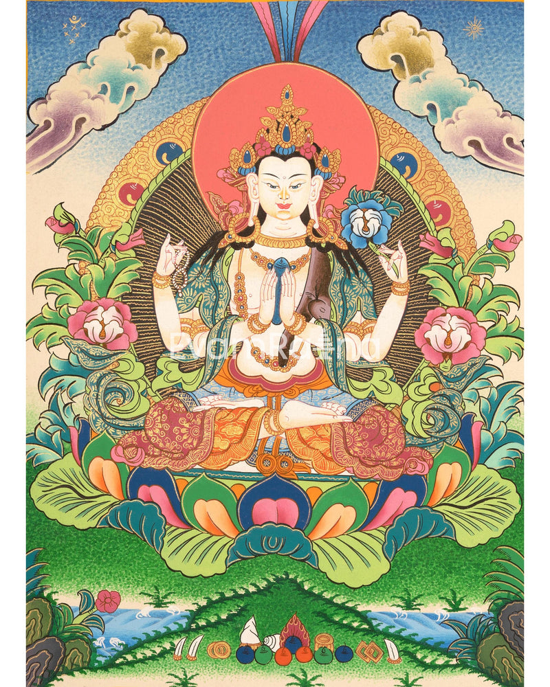 Original Hand-Painted Shakyamuni Buddha & Chenrezig Canvas Art | Thangka Painting