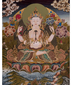 Four Armed Chengrezig Thanka | Hand-Painted Tibetan Thangka