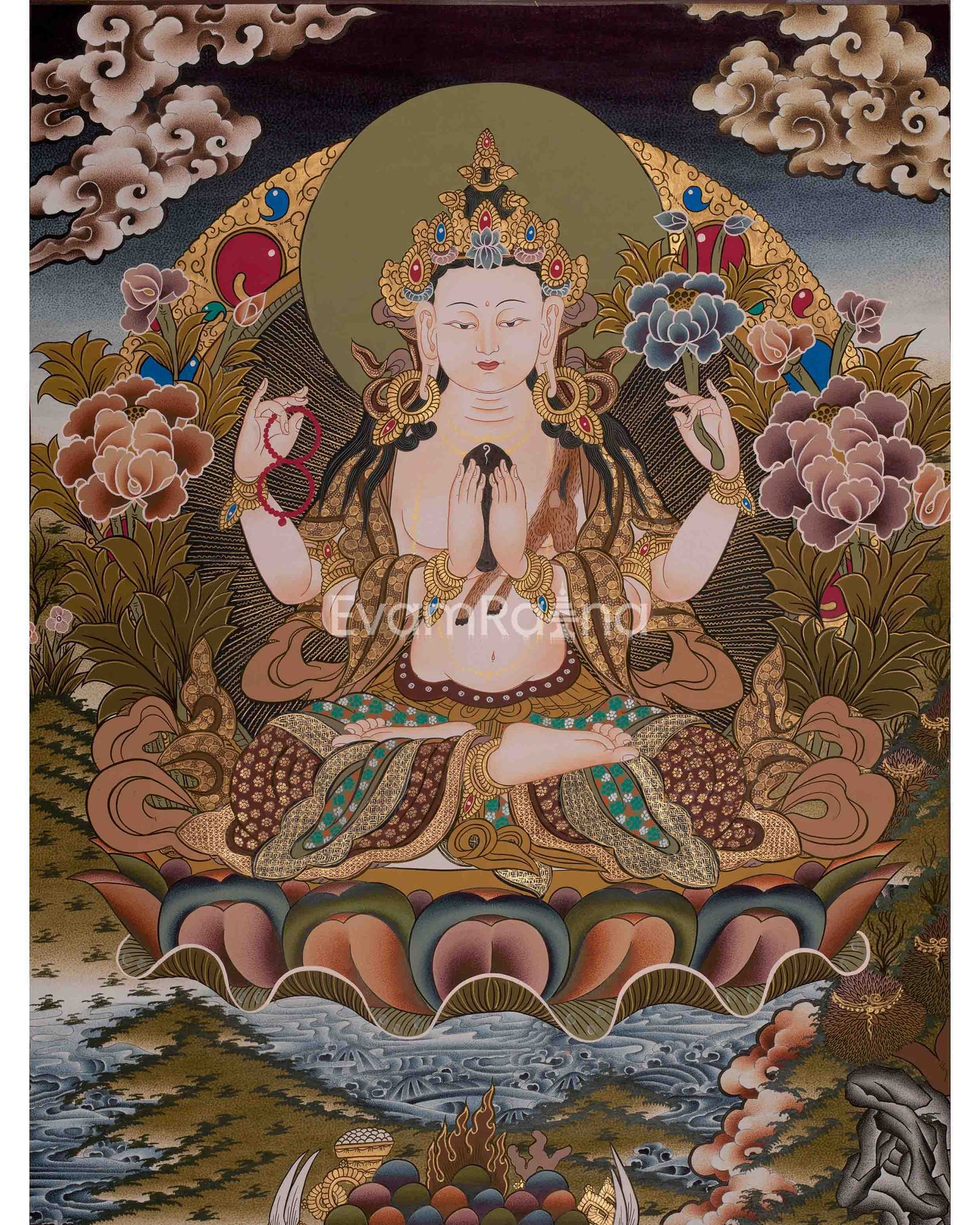 Four Armed Chengrezig Thanka | Hand-Painted Tibetan Thangka