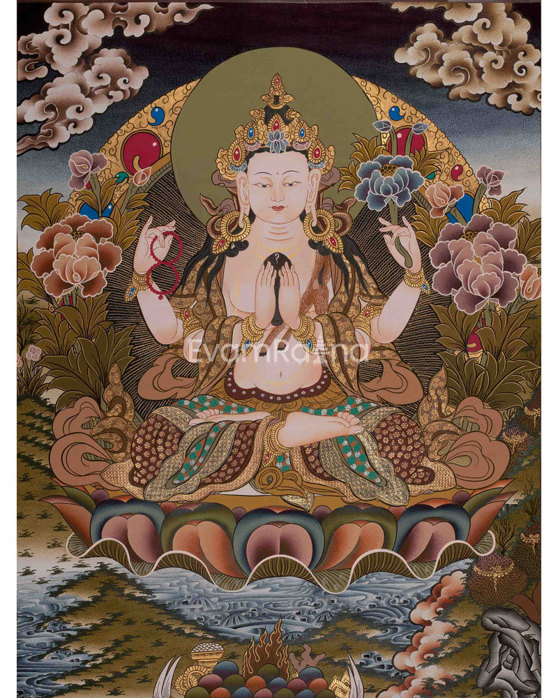 Four Armed Chengrezig Thanka | Hand-Painted Tibetan Thangka