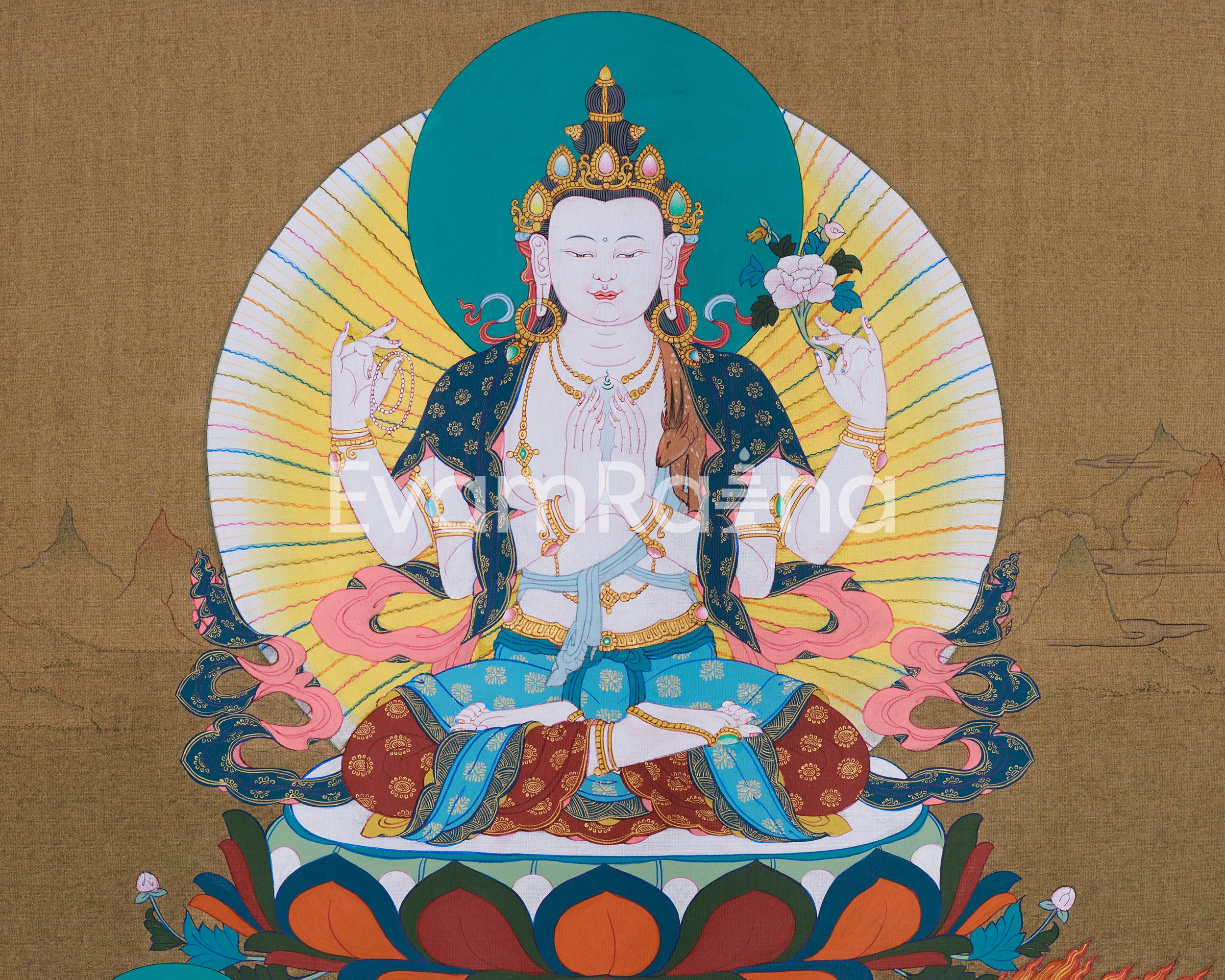 Traditional Thangka of Chenrezig | Featuring Manjushri and Vajrapani