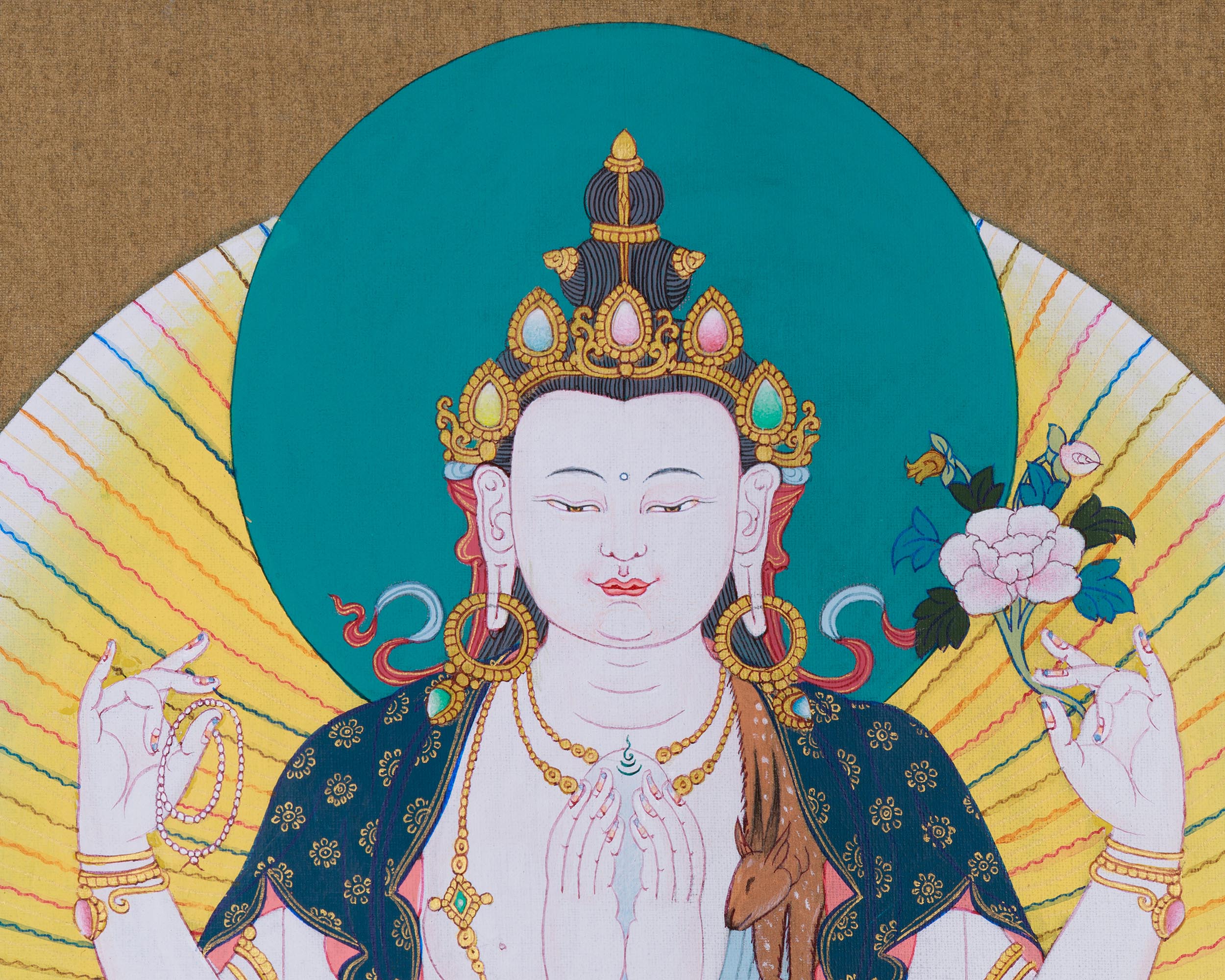 Traditional Thangka of Chenrezig | Featuring Manjushri and Vajrapani