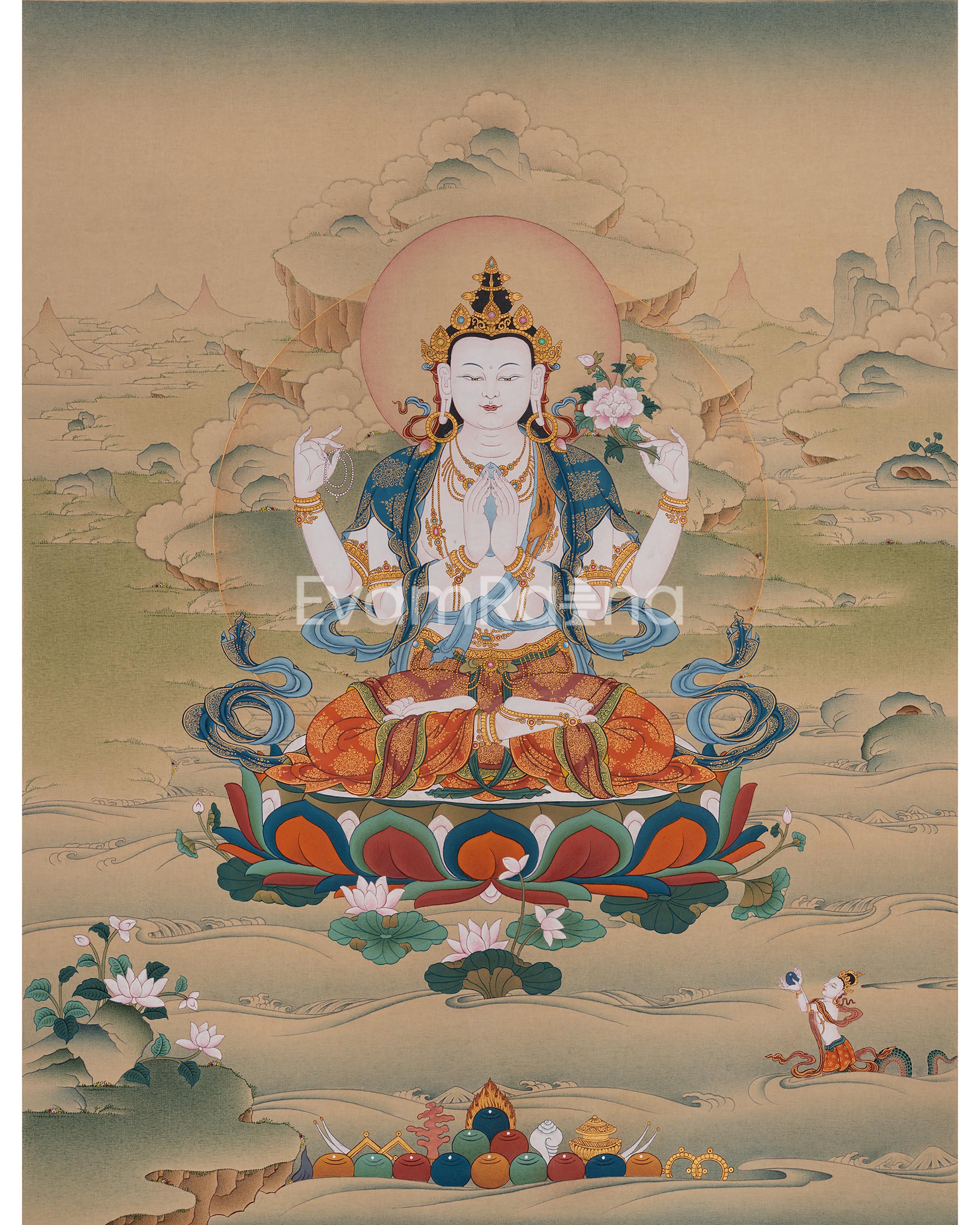 The Compassionate Buddha, Four Armed Chenresig Thangka 