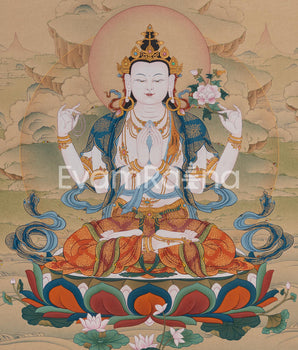 The Compassionate Buddha, Four Armed Chenresig Thangka | Exclusive Artwork with Lhasa Stone Hues