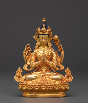 Chenrezig Copper Statue | Gold-Plated Four-Armed Avalokiteshvara in Mudra Pose