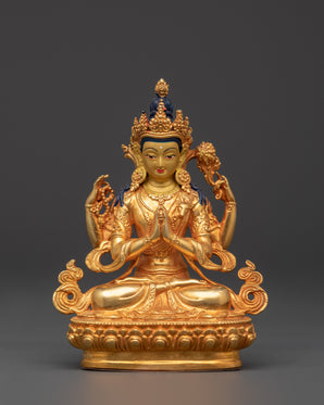 Chenrezig Copper Statue | Gold-Plated Four-Armed Avalokiteshvara in Mudra Pose