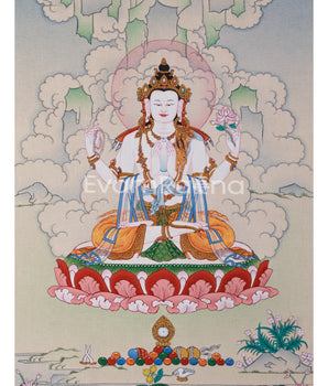 Hand-Painted 4 armed Avalokiteshvara Thangka