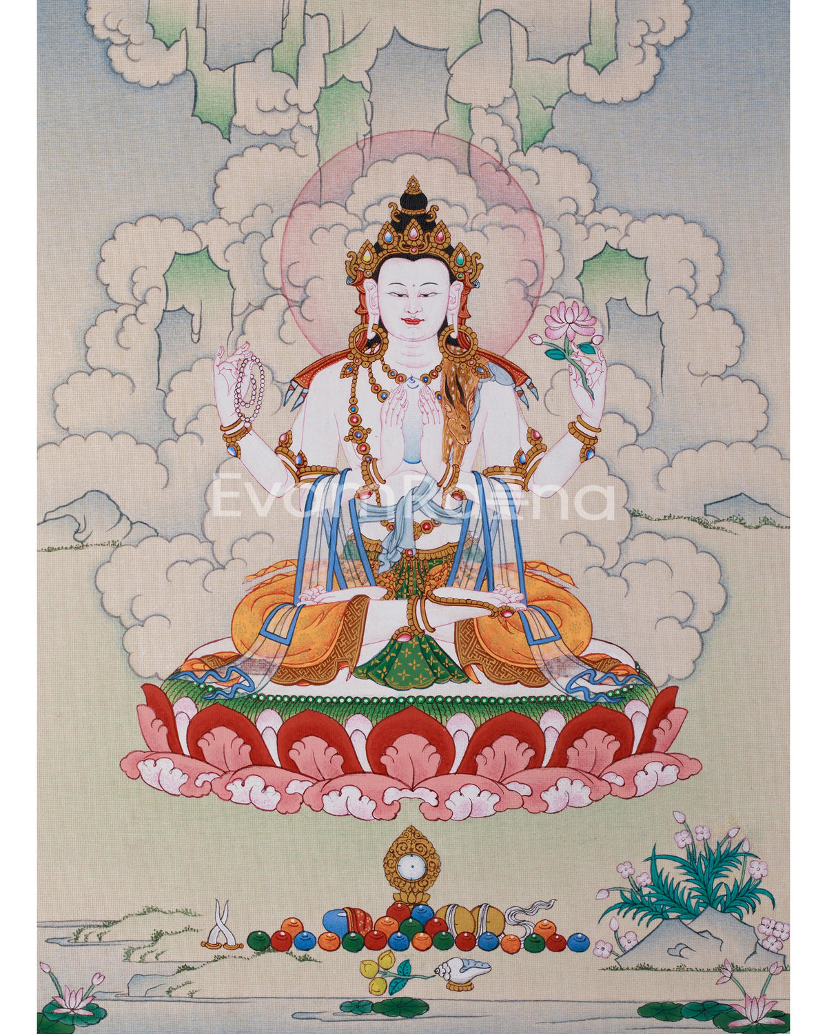 Hand-Painted 4 armed Avalokiteshvara Thangka 