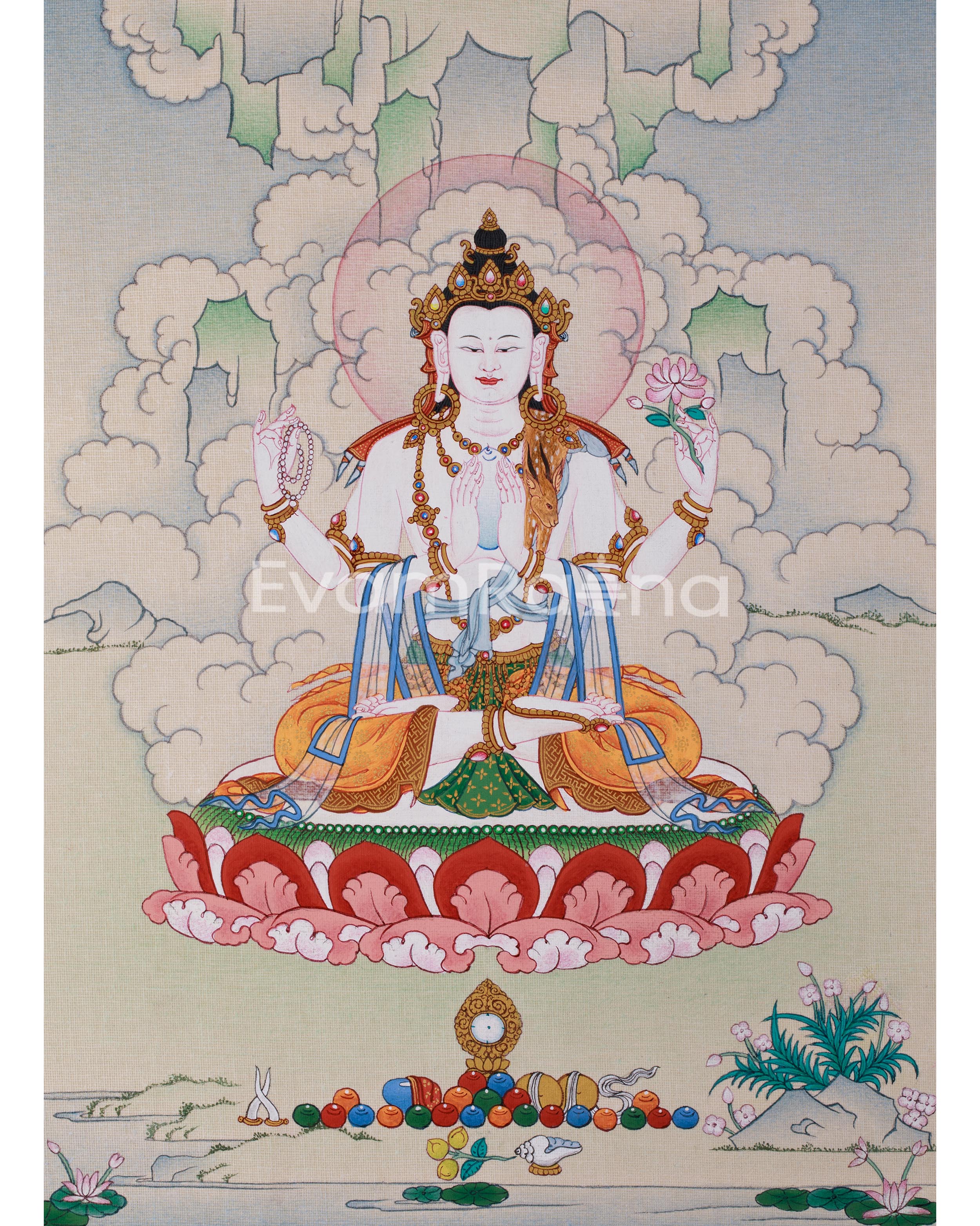 Hand-Painted 4 armed Avalokiteshvara Thangka 