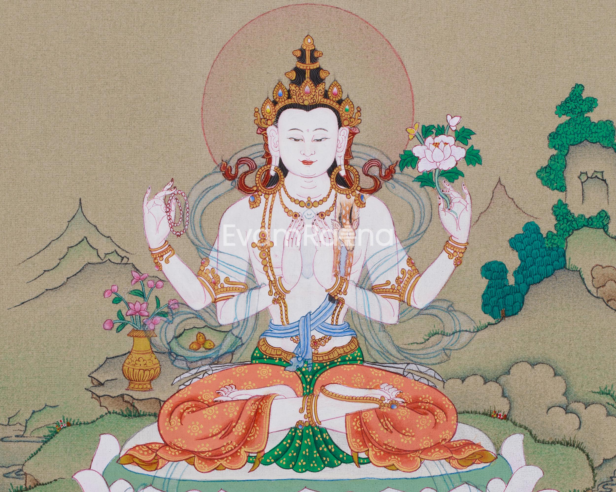 Divine Four-Armed Chenrezig Thangka | A Sacred Symbol of Compassion