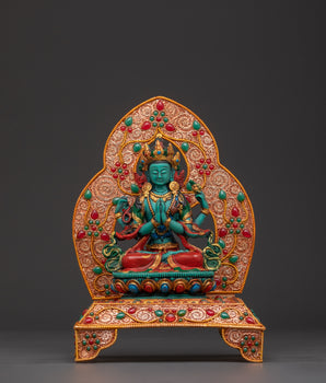 Four Armed Chenrezig with Halo and Throne Base | Tibetan Compassion Deity Sculpture