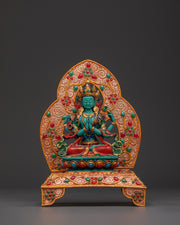 Four Armed Chenrezig with Halo and Throne Base | Tibetan Compassion Deity Sculpture