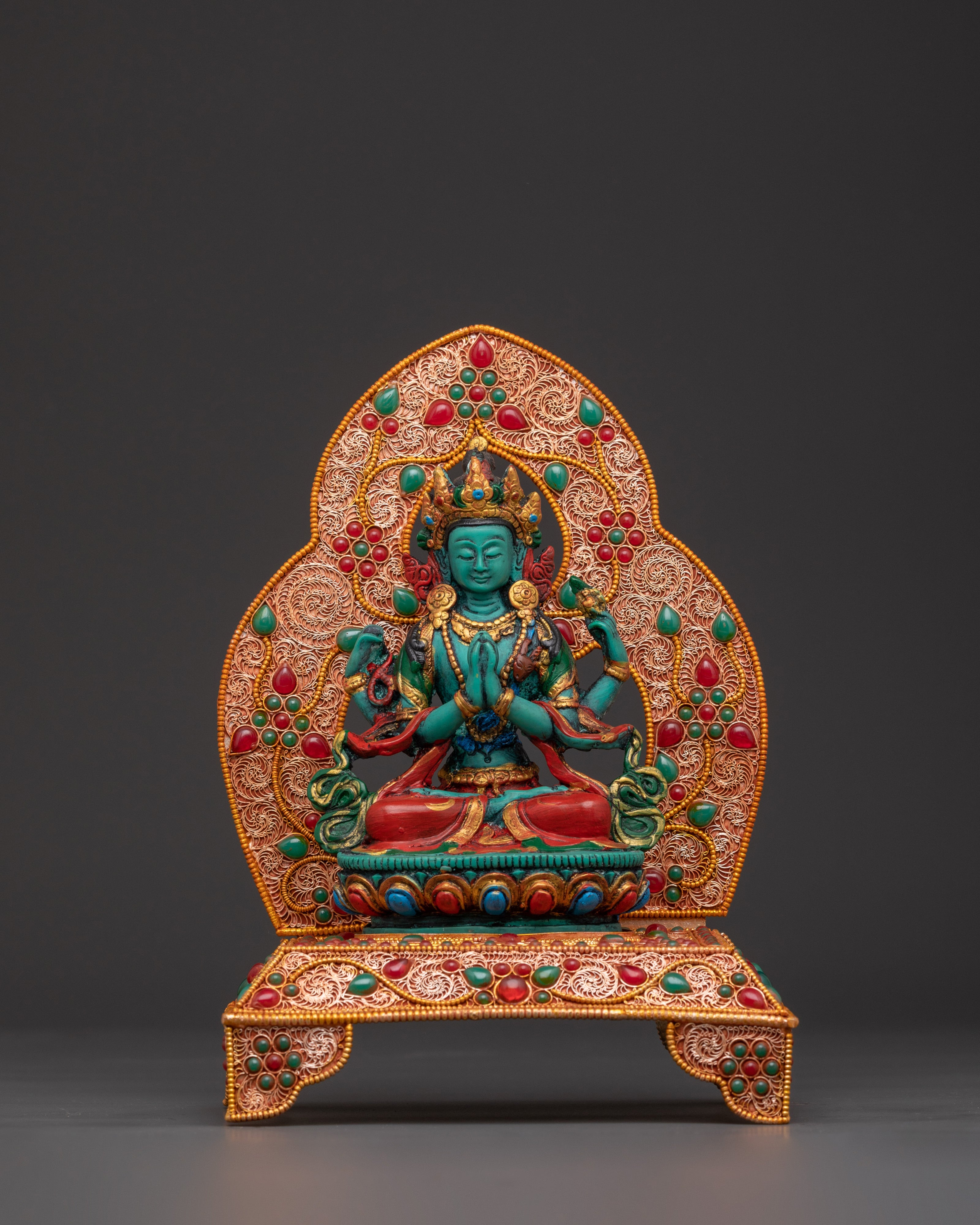 Four Armed Chenrezig with Halo and Throne Base | Tibetan Compassion Deity Sculpture