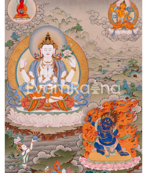 Four-Armed Avalokiteshvara Thangka Artwork Print | Traditional Bodhisattva Chenrezig on Cotton Canvas