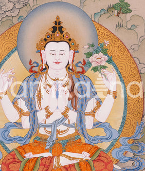 Four-Armed Avalokiteshvara Thangka Artwork Print | Traditional Bodhisattva Chenrezig on Cotton Canvas