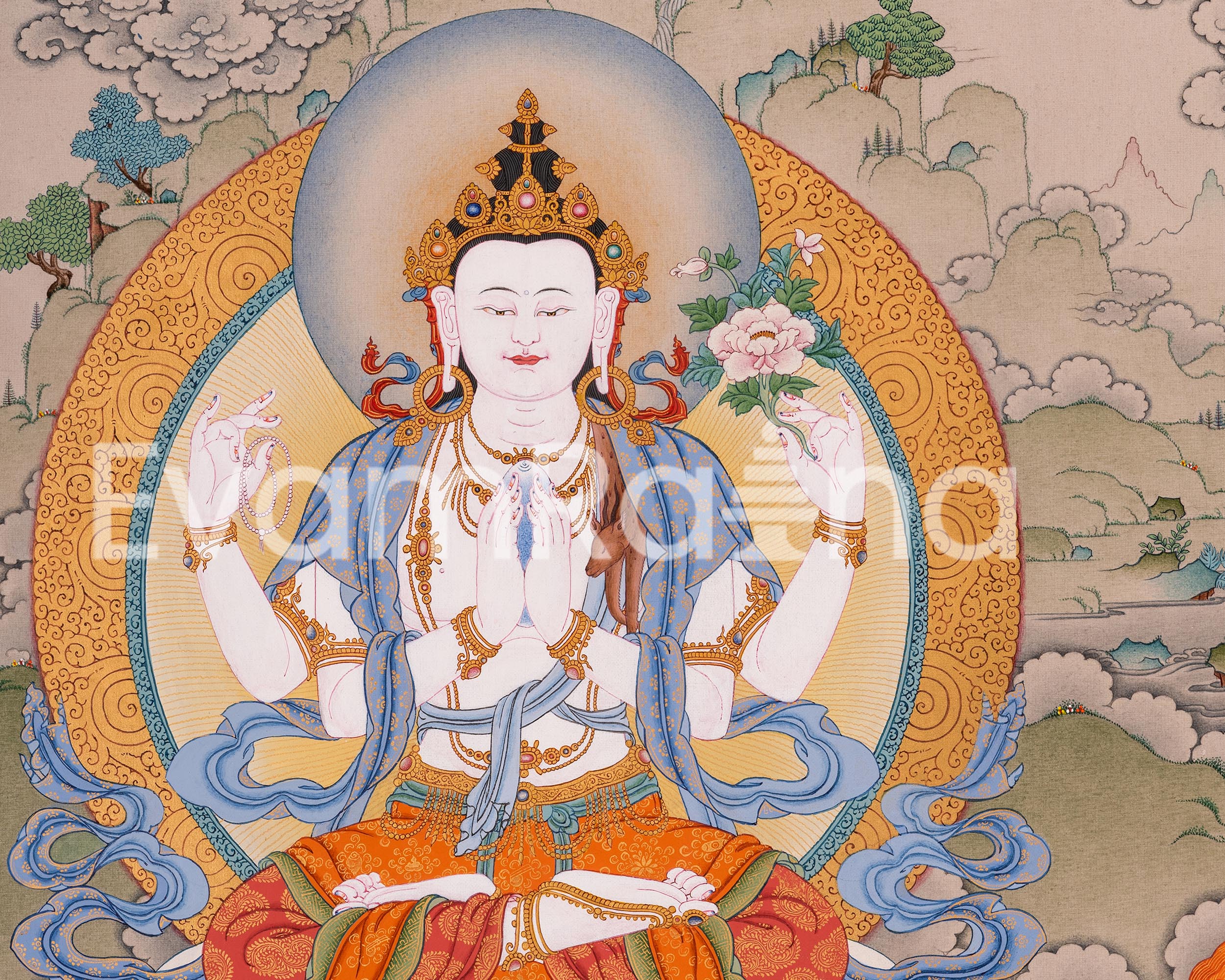 Four-Armed Avalokiteshvara Thangka Artwork Print | Traditional Bodhisattva Chenrezig on Cotton Canvas