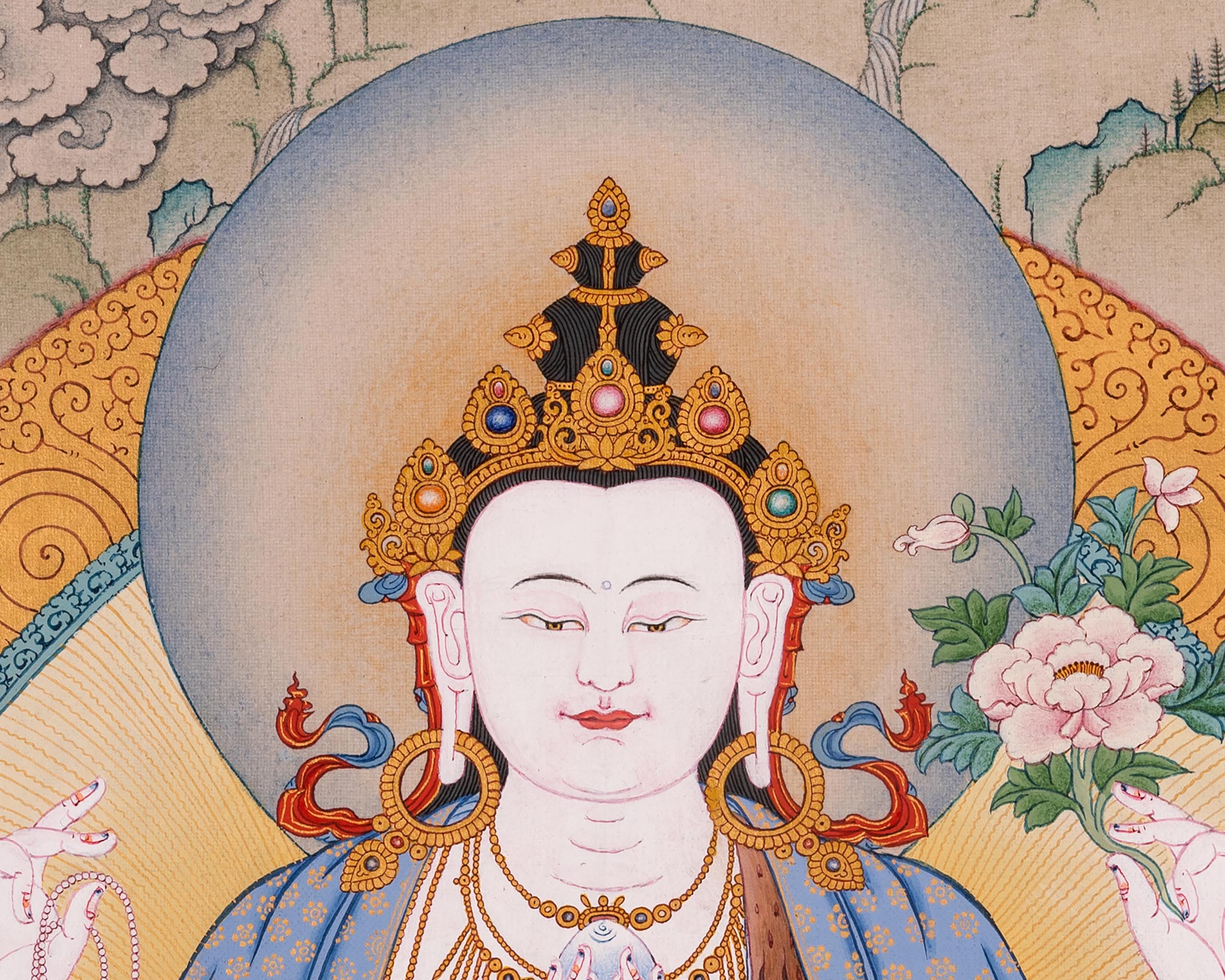 Four-Armed Avalokiteshvara Thangka Artwork Print | Traditional Bodhisattva Chenrezig on Cotton Canvas