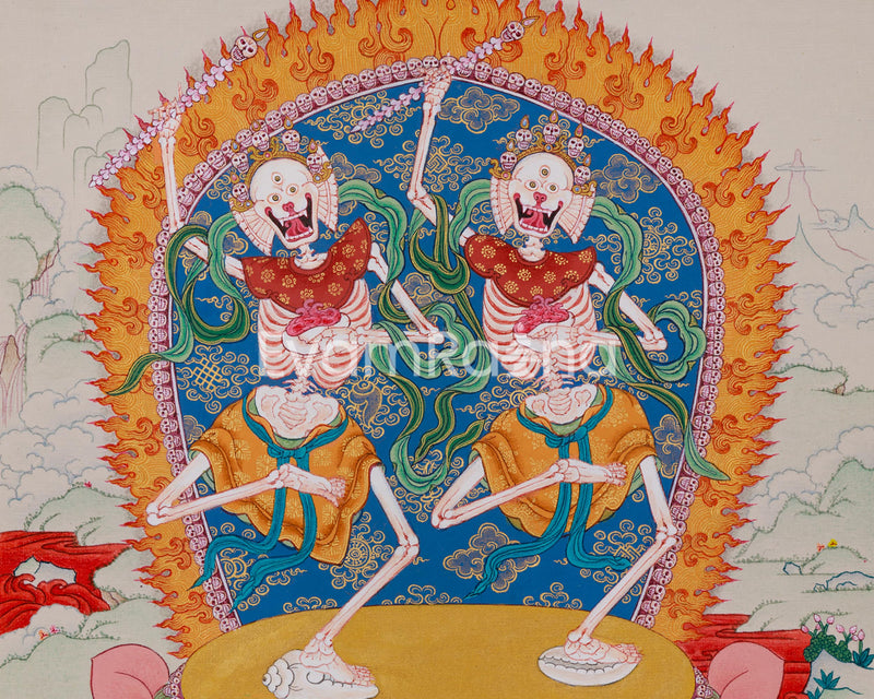 Tibetan Cittipati Thangka | Dancing Skeletons Deities | Divine Protectors