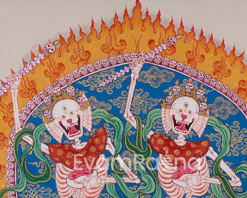 Tibetan Cittipati Thangka | Dancing Skeletons Deities | Divine Protectors