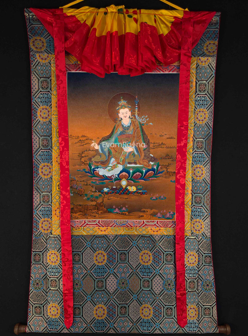 Guru Padmasambhava Thangka Print with Brocade | Tibetan Thangka Canvas Digital Print