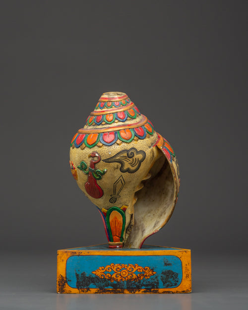 Tibetan Puja Conch Shell | Hand-Painted Ritual Shankha