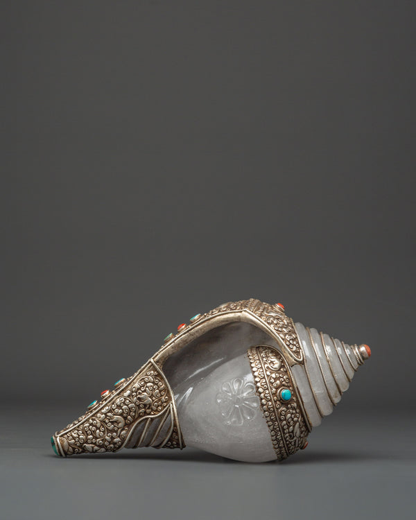 Tibetan Ritual Conch Shell with Silver Inlay | Crystal Shankha with Coral
