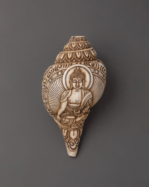Shakyamuni Buddha Carved Conch | Handcrafted Tibetan Buddhist Ritual Object