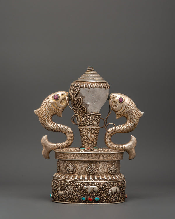 Conch with Auspicious Symbols | Handcrafted Silver & Crystal Tibetan Ritual Item