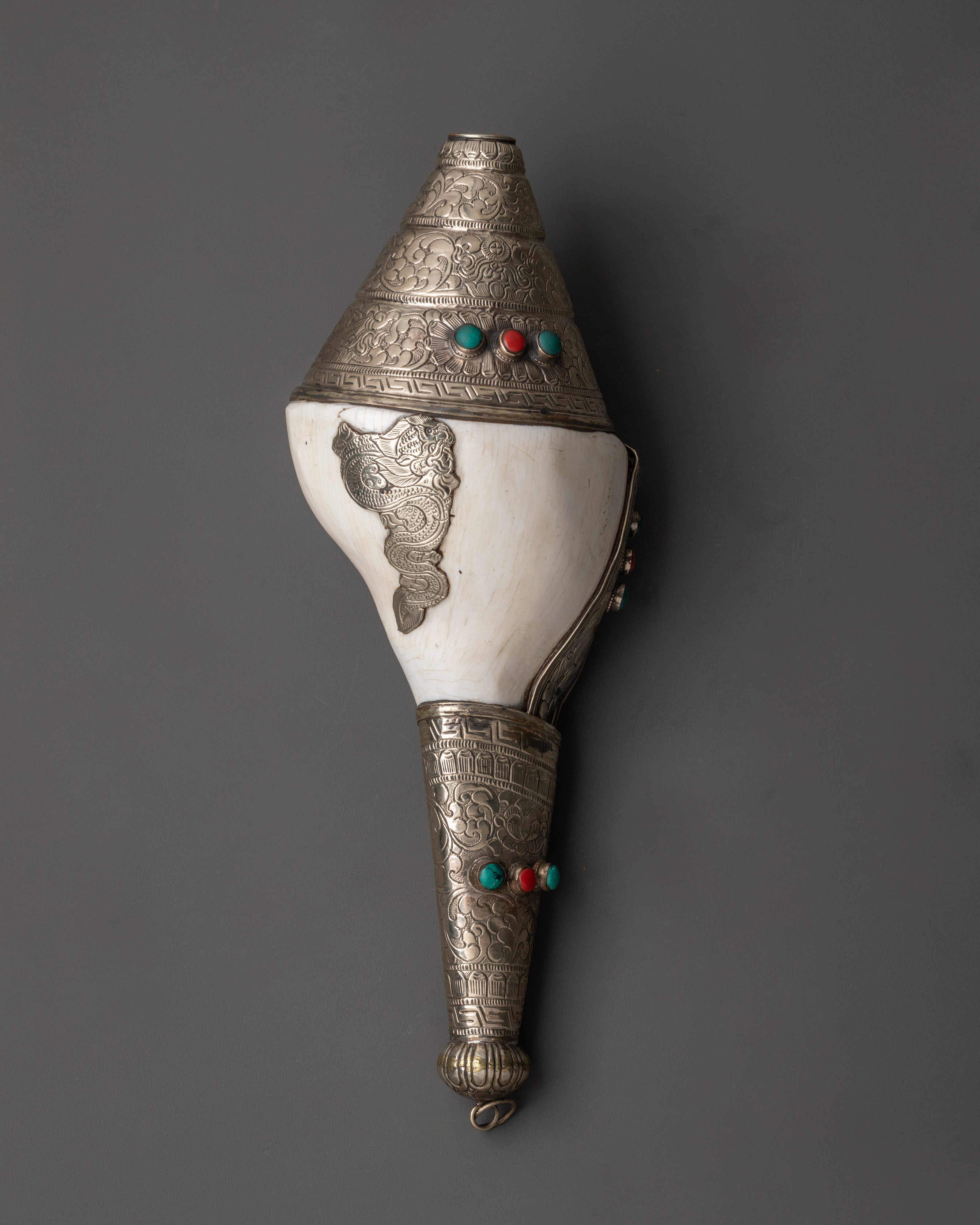 Buddhist Ritual Shankha | Tibetan Conch Shell with Silver Inlay and Tu ...