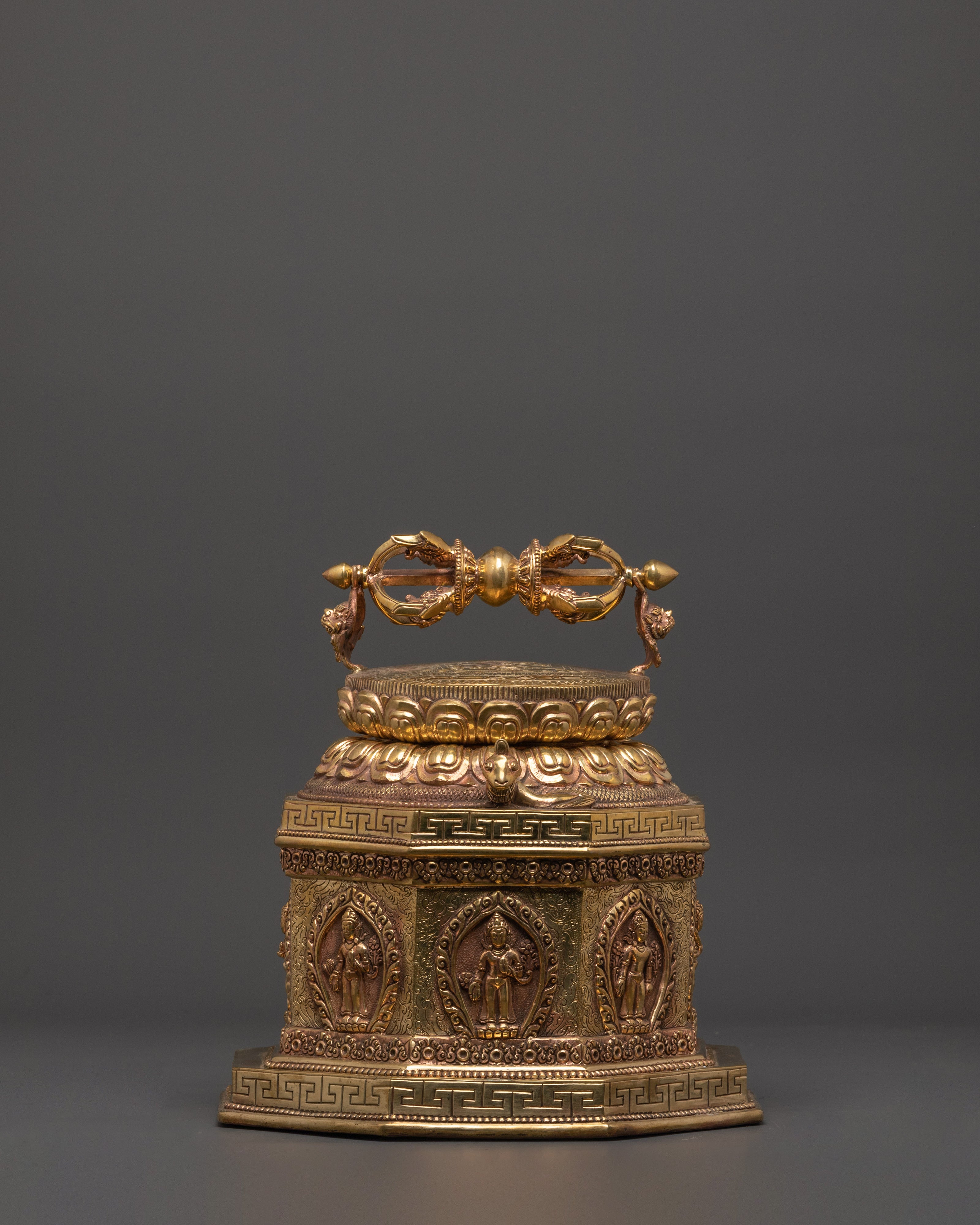 Sacred Buddhist Dharma Dhatu with Vajra | Gold Plated Copper Ritual Artifact