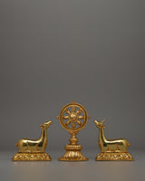 Gold-Plated Dharma Wheel with Deer Set 