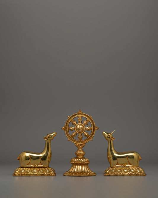 Gold-Plated Dharma Wheel with Deer Set 