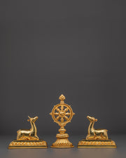 Gold Plated Dharma Wheel with Deer | Tibetan Buddhist Altar Symbol