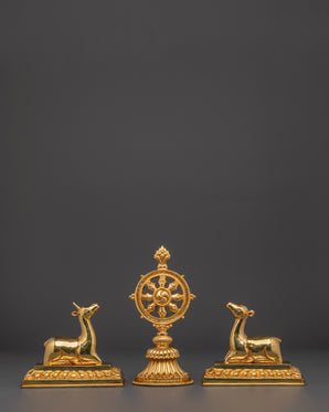 Gold Plated Dharma Wheel with Deer | Tibetan Buddhist Altar Symbol