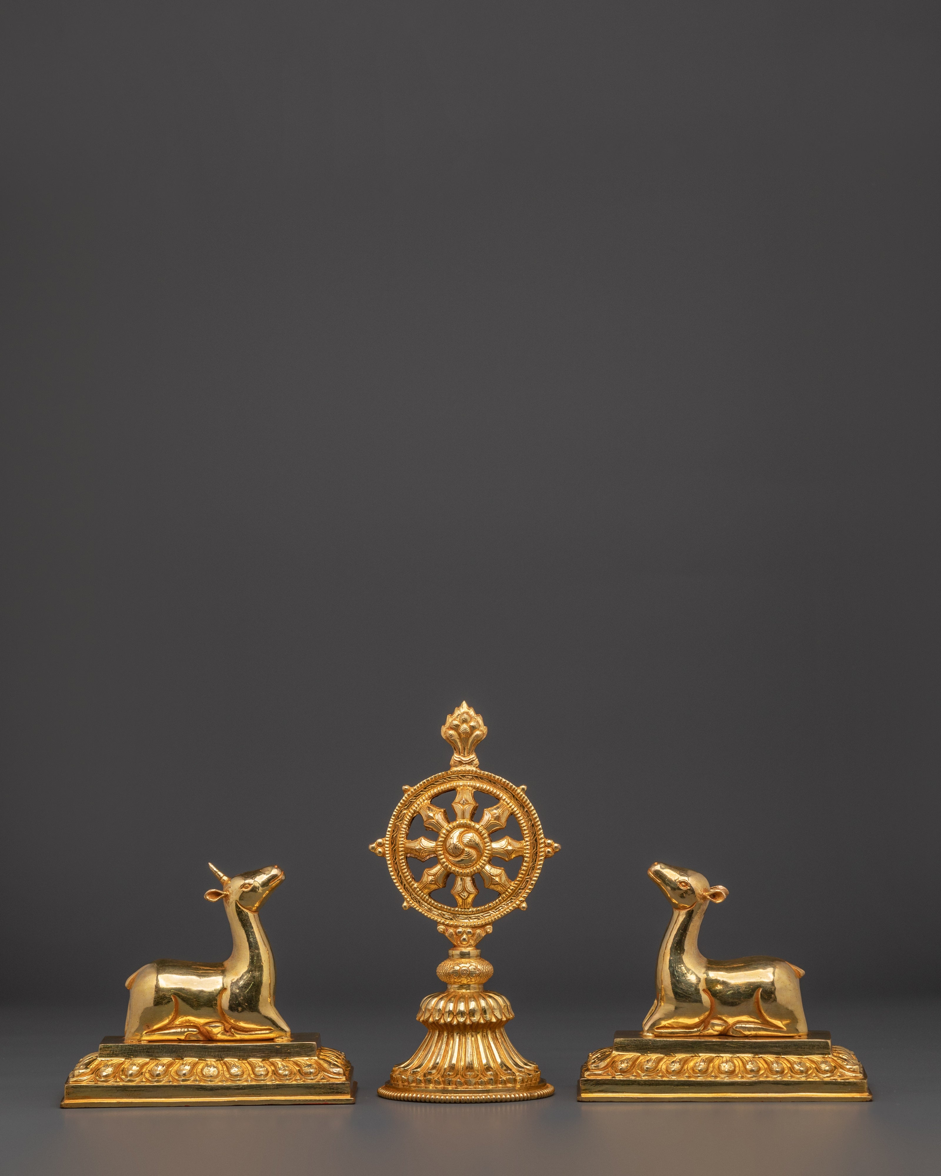 Gold Plated Dharma Wheel with Deer | Tibetan Buddhist Altar Symbol