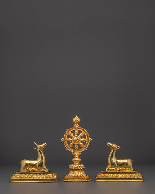Gold Plated Dharma Wheel with Deer | Tibetan Buddhist Altar Symbol