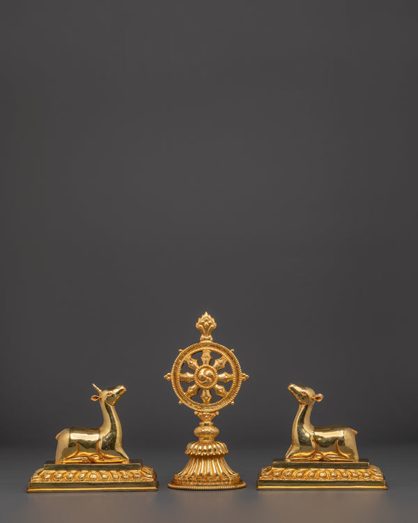 Gold Plated Dharma Wheel with Deer | Tibetan Buddhist Altar Symbol