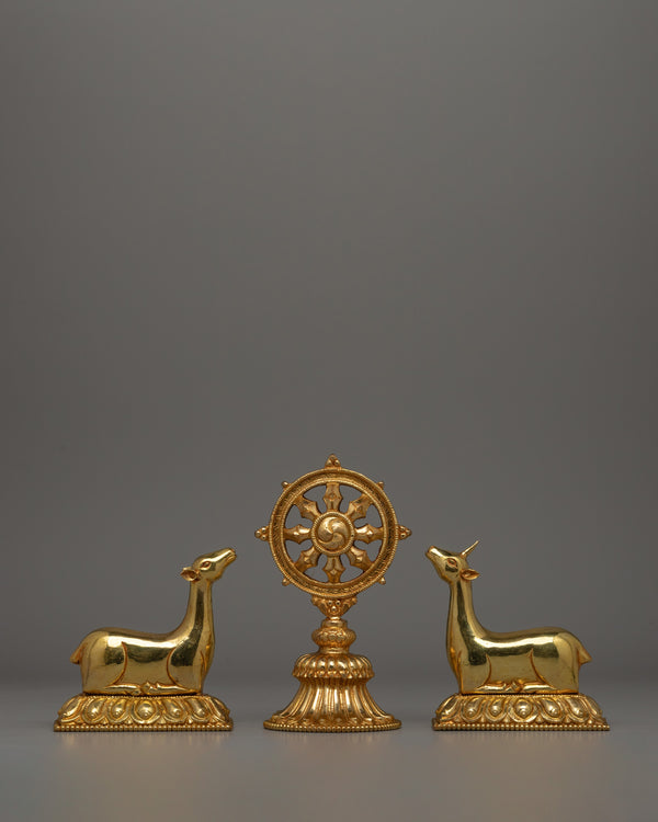 Gold-Plated Dharma Wheel with Deer Set 