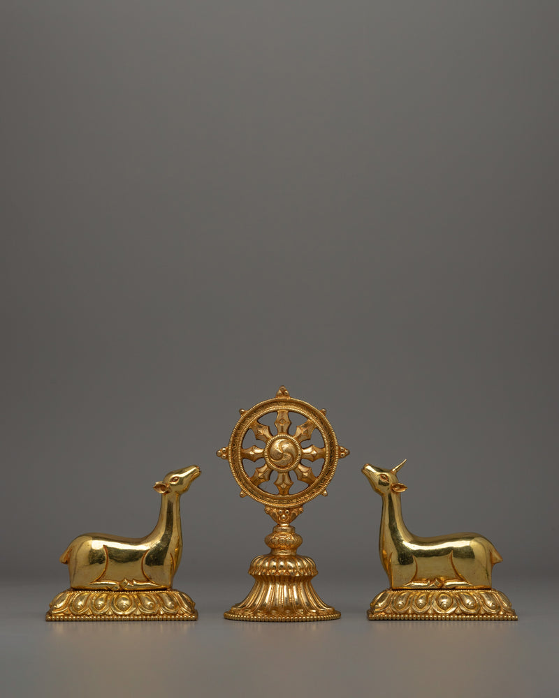 Gold-Plated Dharma Wheel with Deer Set 