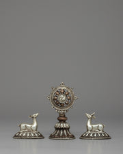 Silver-Plated Buddhist Dharma Wheel & Deer Set