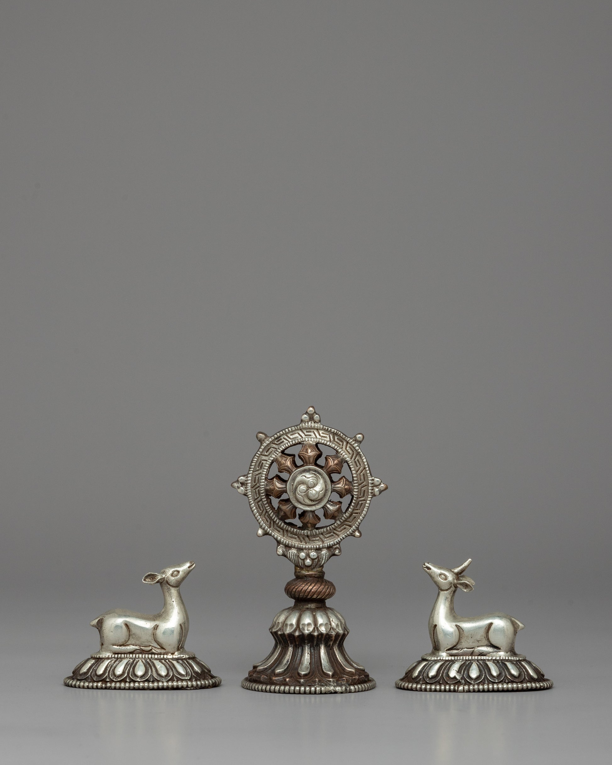 Silver-Plated Buddhist Dharma Wheel & Deer Set