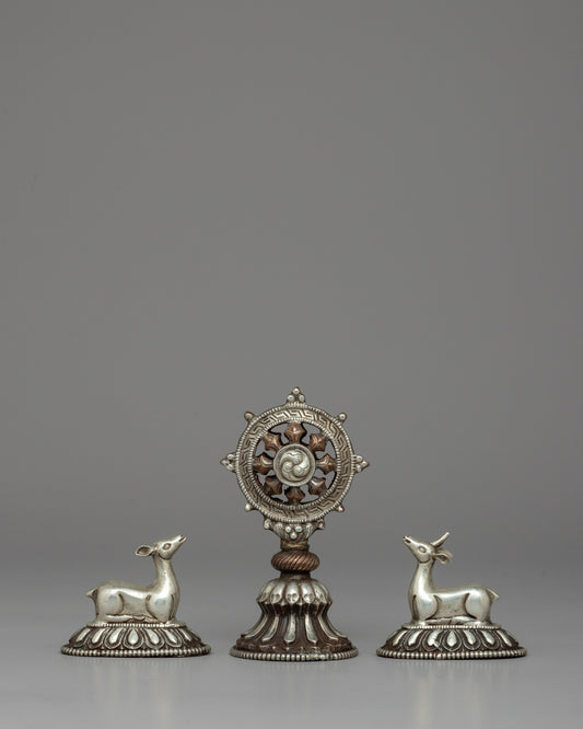 Silver-Plated Buddhist Dharma Wheel & Deer Set