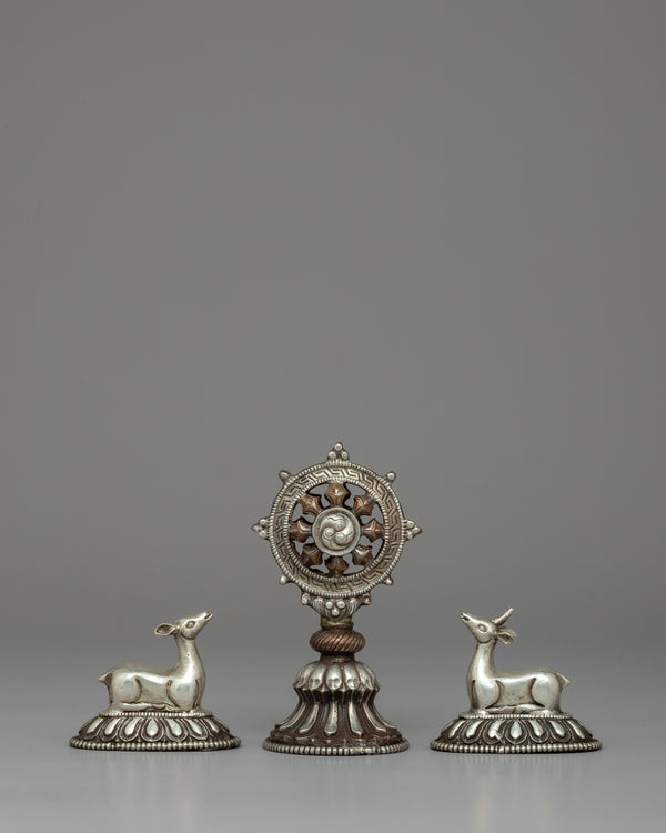 Silver-Plated Buddhist Dharma Wheel & Deer Set