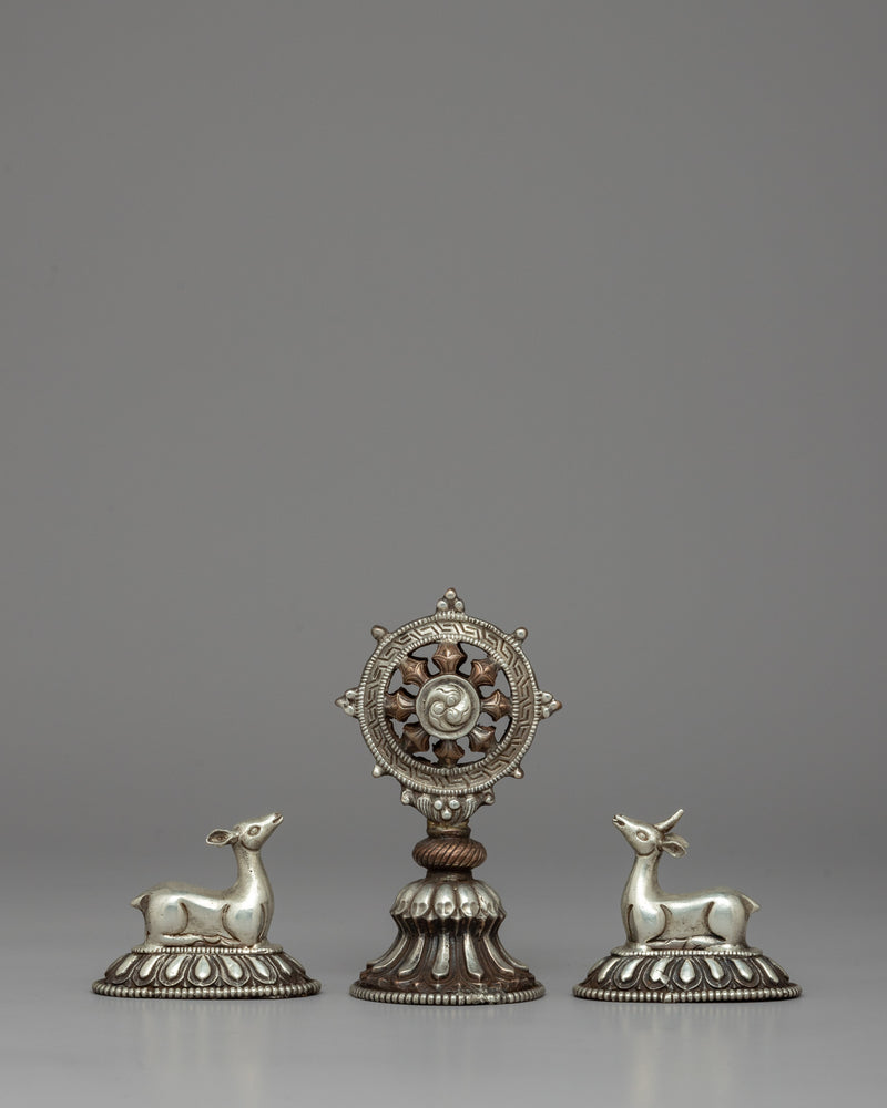 Silver-Plated Buddhist Dharma Wheel & Deer Set