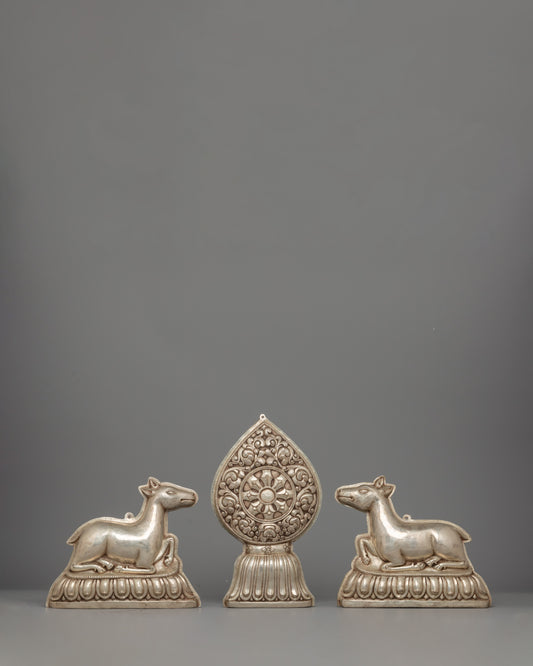 Silver-plated Dharma Wheel with Deer Set