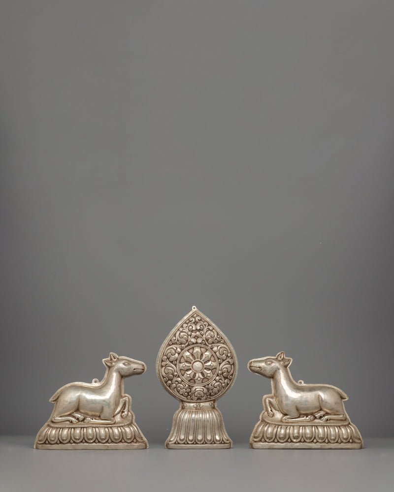 Silver-plated Dharma Wheel with Deer Set